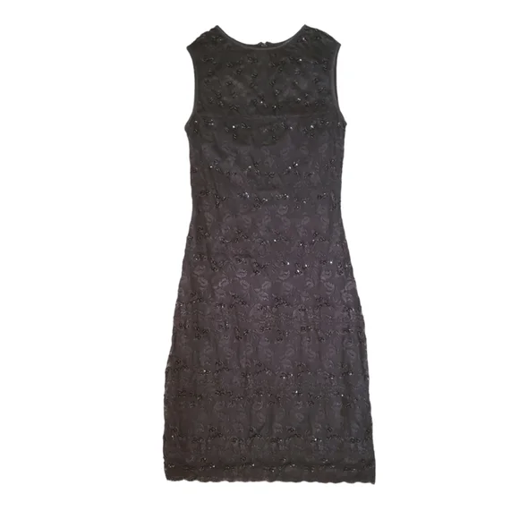 Beaded Lacy Little Black Dress With Sheer Neckline - Picture 3 of 6